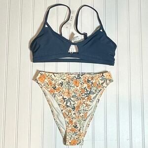 Cupshe Women 2 Piece Swimsuit Blue Floral Bikini Small Cutout Top High Leg Cheek